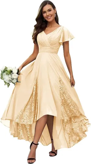 Mother of The Bride Dresses V Neck Chiffon Lace Appliques Tea Length Dress Formal Prom Evening Gowns