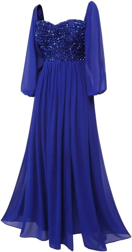 MYDRESS Long Sleeve Prom Dresses for Women Sequin Evening Dress Chiffon A Line Formal Evening Party Gowns with Slit