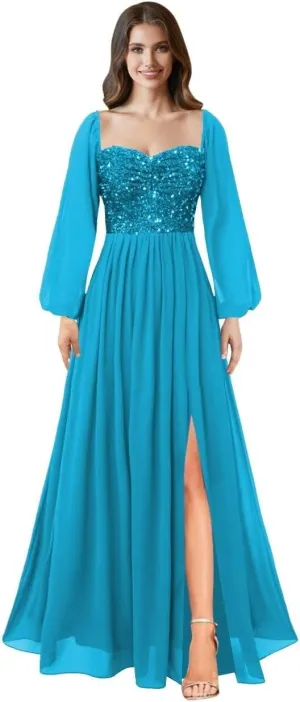 MYDRESS Long Sleeve Prom Dresses for Women Sequin Evening Dress Chiffon A Line Formal Evening Party Gowns with Slit