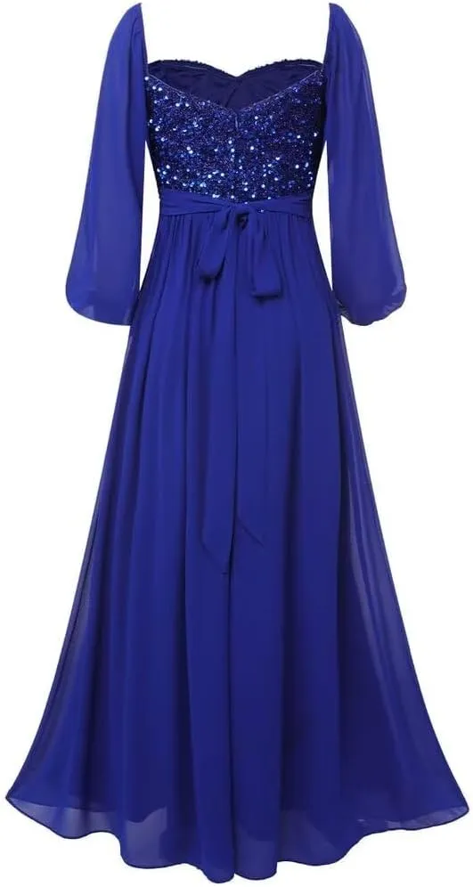 MYDRESS Long Sleeve Prom Dresses for Women Sequin Evening Dress Chiffon A Line Formal Evening Party Gowns with Slit