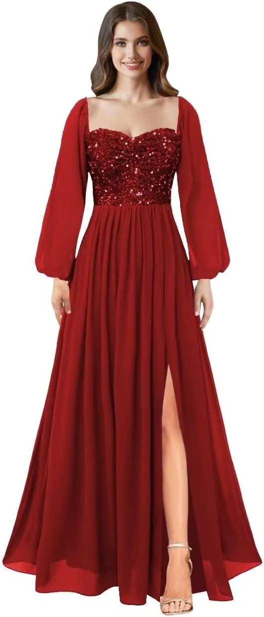 MYDRESS Long Sleeve Prom Dresses for Women Sequin Evening Dress Chiffon A Line Formal Evening Party Gowns with Slit