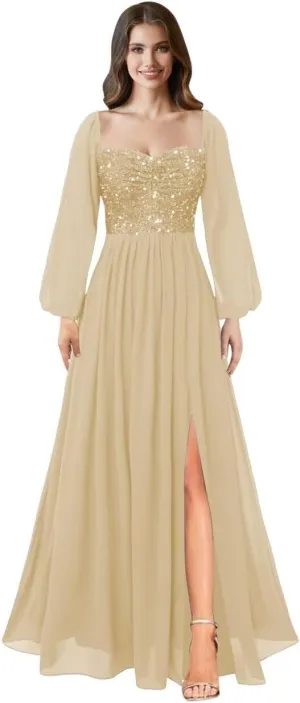 MYDRESS Long Sleeve Prom Dresses for Women Sequin Evening Dress Chiffon A Line Formal Evening Party Gowns with Slit