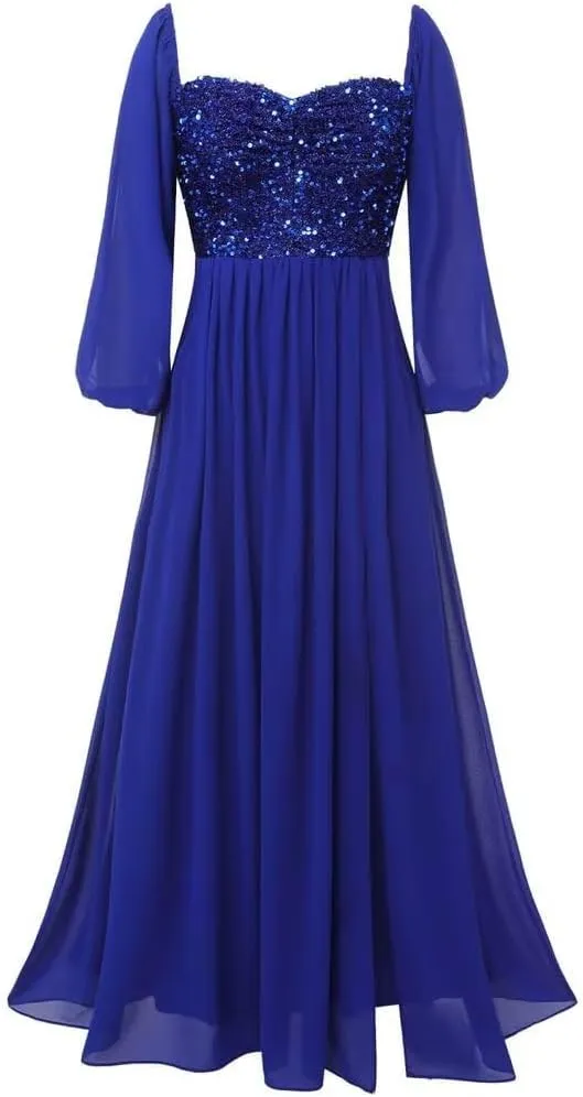 MYDRESS Long Sleeve Prom Dresses for Women Sequin Evening Dress Chiffon A Line Formal Evening Party Gowns with Slit