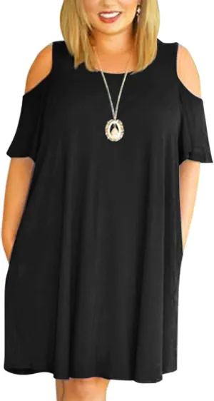 Nemidor Plus Size Dresses for Curvy Women Summer Casual Cold Shoulder T-Shirt Swing Short Sleeve Mini Dress with Pockets
