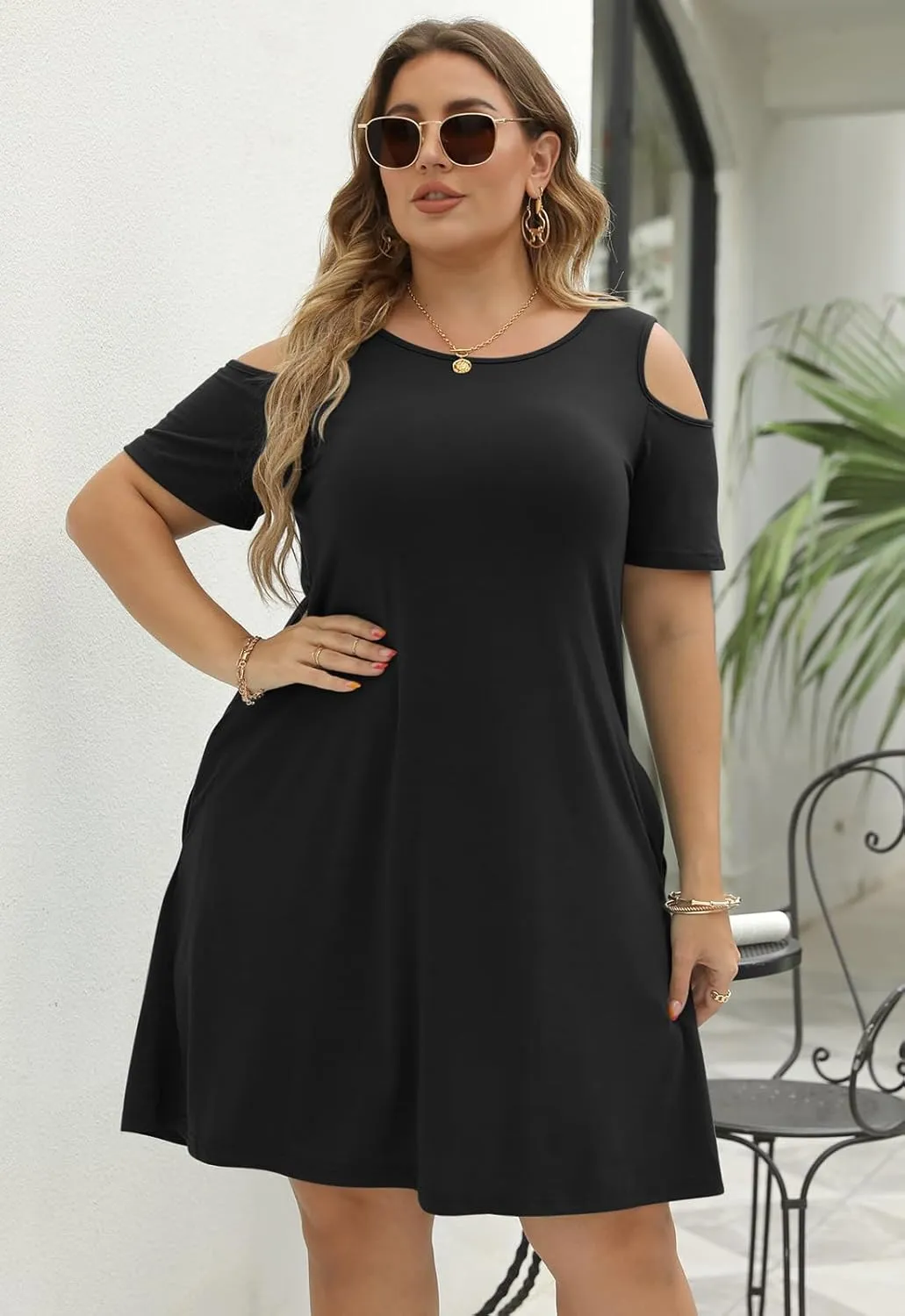 Nemidor Plus Size Dresses for Curvy Women Summer Casual Cold Shoulder T-Shirt Swing Short Sleeve Mini Dress with Pockets