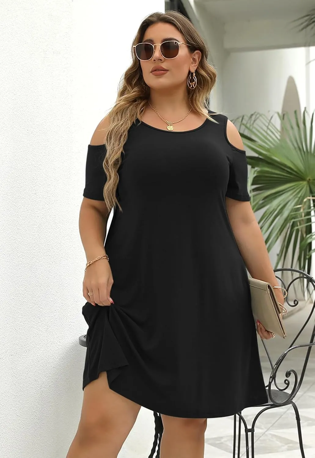 Nemidor Plus Size Dresses for Curvy Women Summer Casual Cold Shoulder T-Shirt Swing Short Sleeve Mini Dress with Pockets