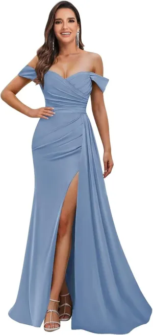 Off The Shoulder Prom Dresses for Women Long Mermaid Satin Bridesmaid Dress with Slit Formal Gown