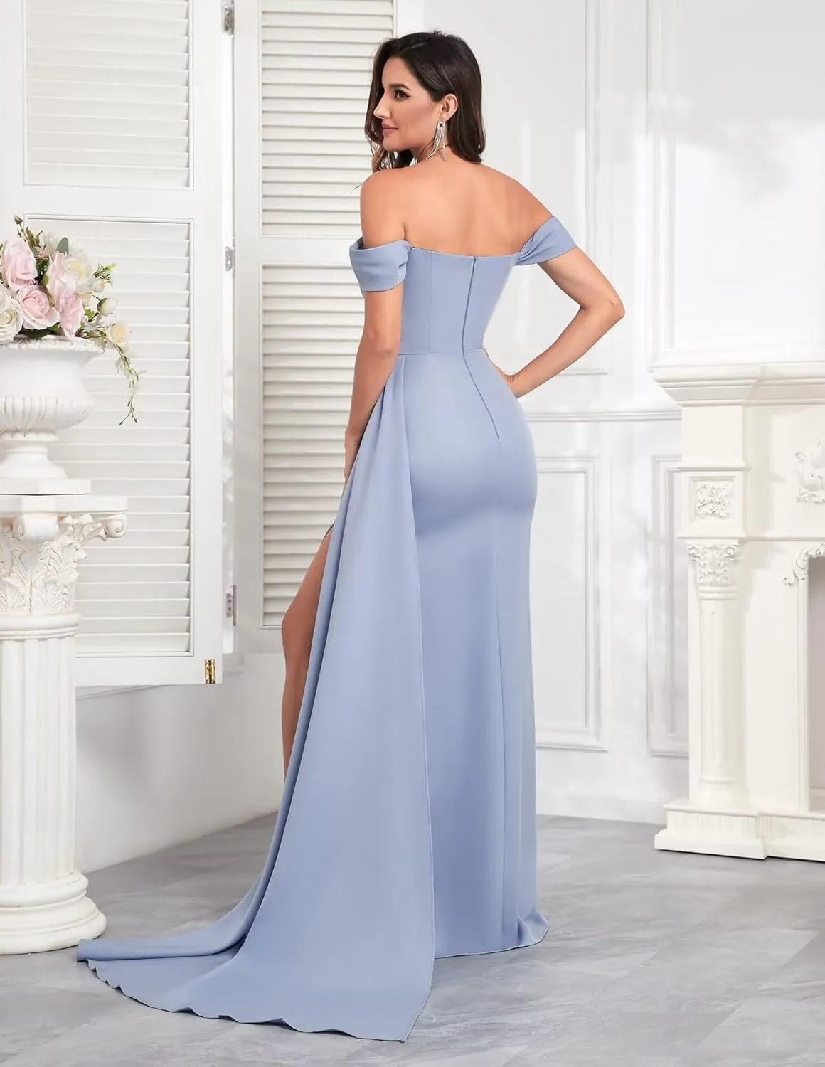 Off The Shoulder Prom Dresses for Women Long Mermaid Satin Bridesmaid Dress with Slit Formal Gown