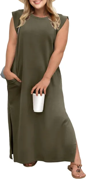 OLRIK 2025 Summer Women's Plus Size Maxi Dresses for Curvy Women Casual Split Long Dress with Pockets