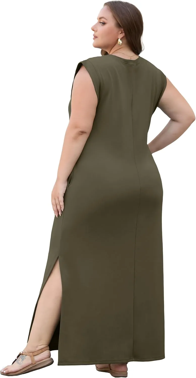 OLRIK 2025 Summer Women's Plus Size Maxi Dresses for Curvy Women Casual Split Long Dress with Pockets