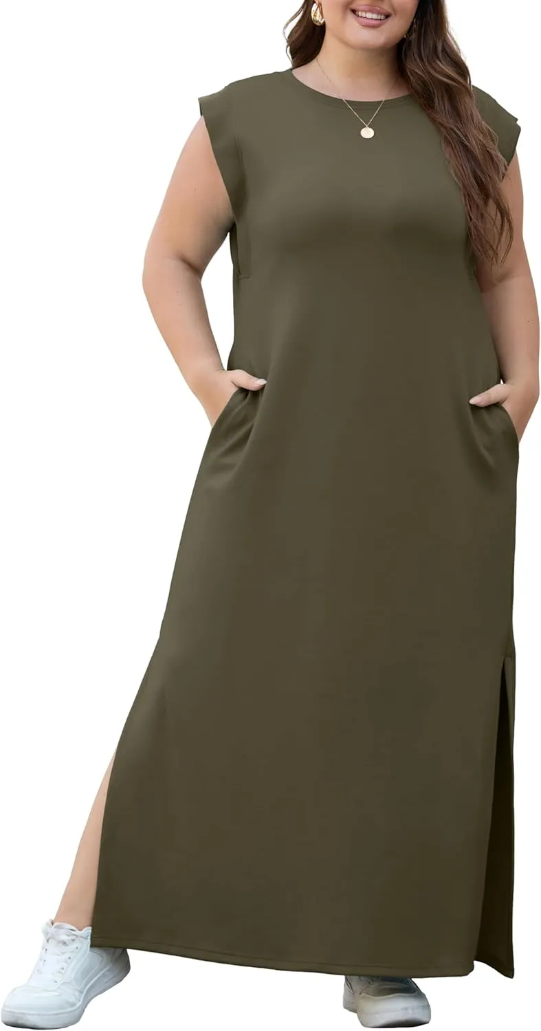 OLRIK 2025 Summer Women's Plus Size Maxi Dresses for Curvy Women Casual Split Long Dress with Pockets