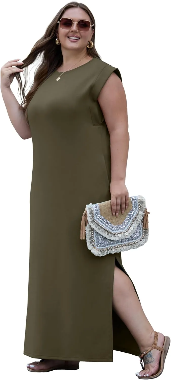 OLRIK 2025 Summer Women's Plus Size Maxi Dresses for Curvy Women Casual Split Long Dress with Pockets