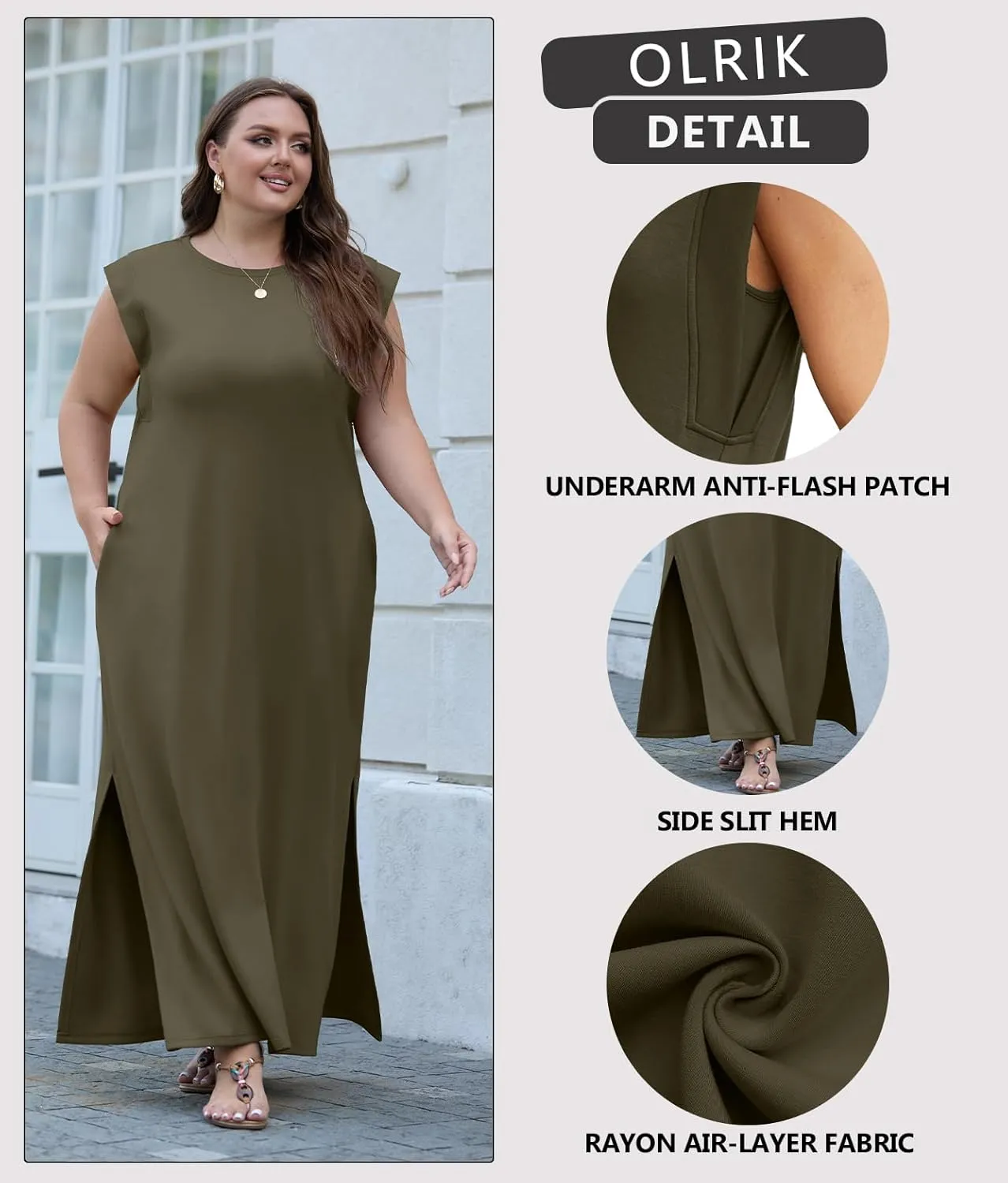 OLRIK 2025 Summer Women's Plus Size Maxi Dresses for Curvy Women Casual Split Long Dress with Pockets