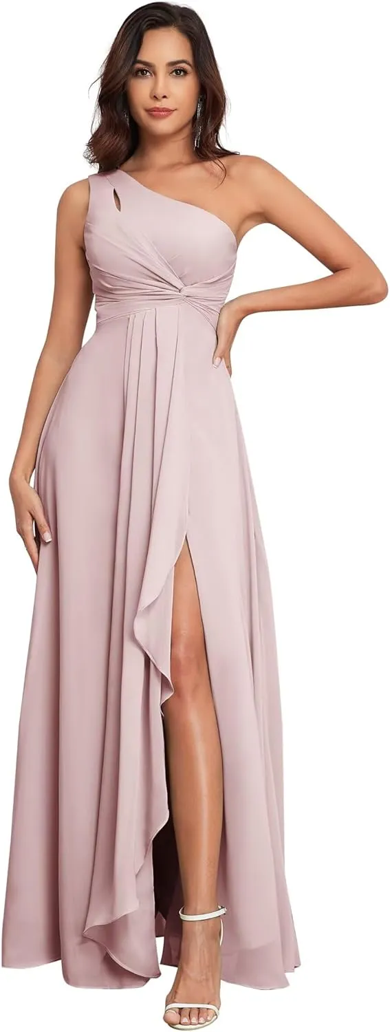 One Shoulder Bridesmaid Dresses for Women Chiffon Long Ruched Formal Evening Dress for Wedding 2025