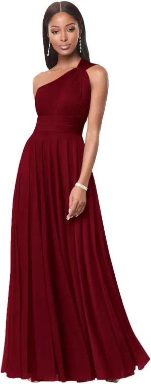 One Shoulder Bridesmaid Dresses for Women Long A Line Pleated Chiffon Corset Formal Wedding Guest Dress with Pockets
