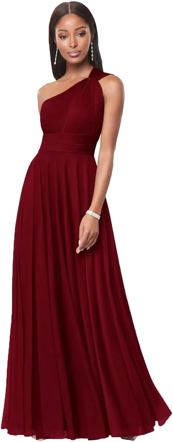 One Shoulder Bridesmaid Dresses for Women Long A Line Pleated Chiffon Corset Formal Wedding Guest Dress with Pockets
