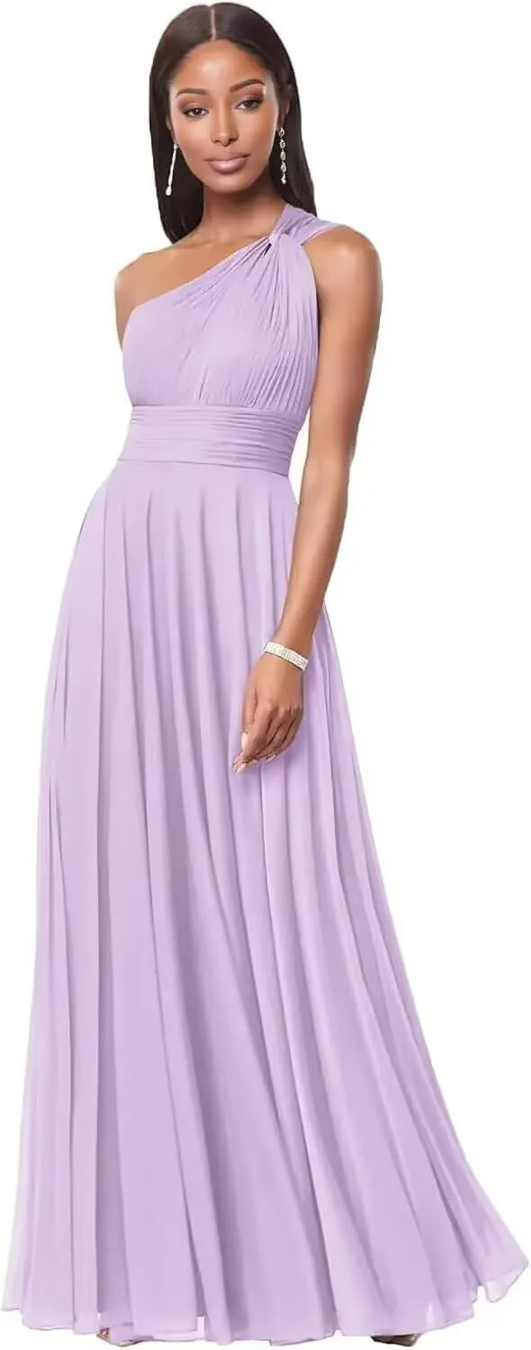 One Shoulder Bridesmaid Dresses for Women Long Prom Dress with Pockets Pleated Chiffon Formal Party Gowns