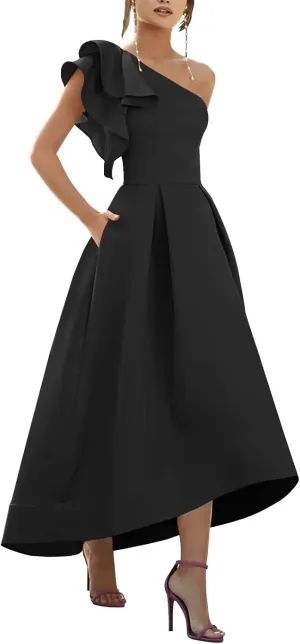 One Shoulder Satin Prom Dresses 2025 Ruffle High-Low Formal Evening Party Gowns for Women