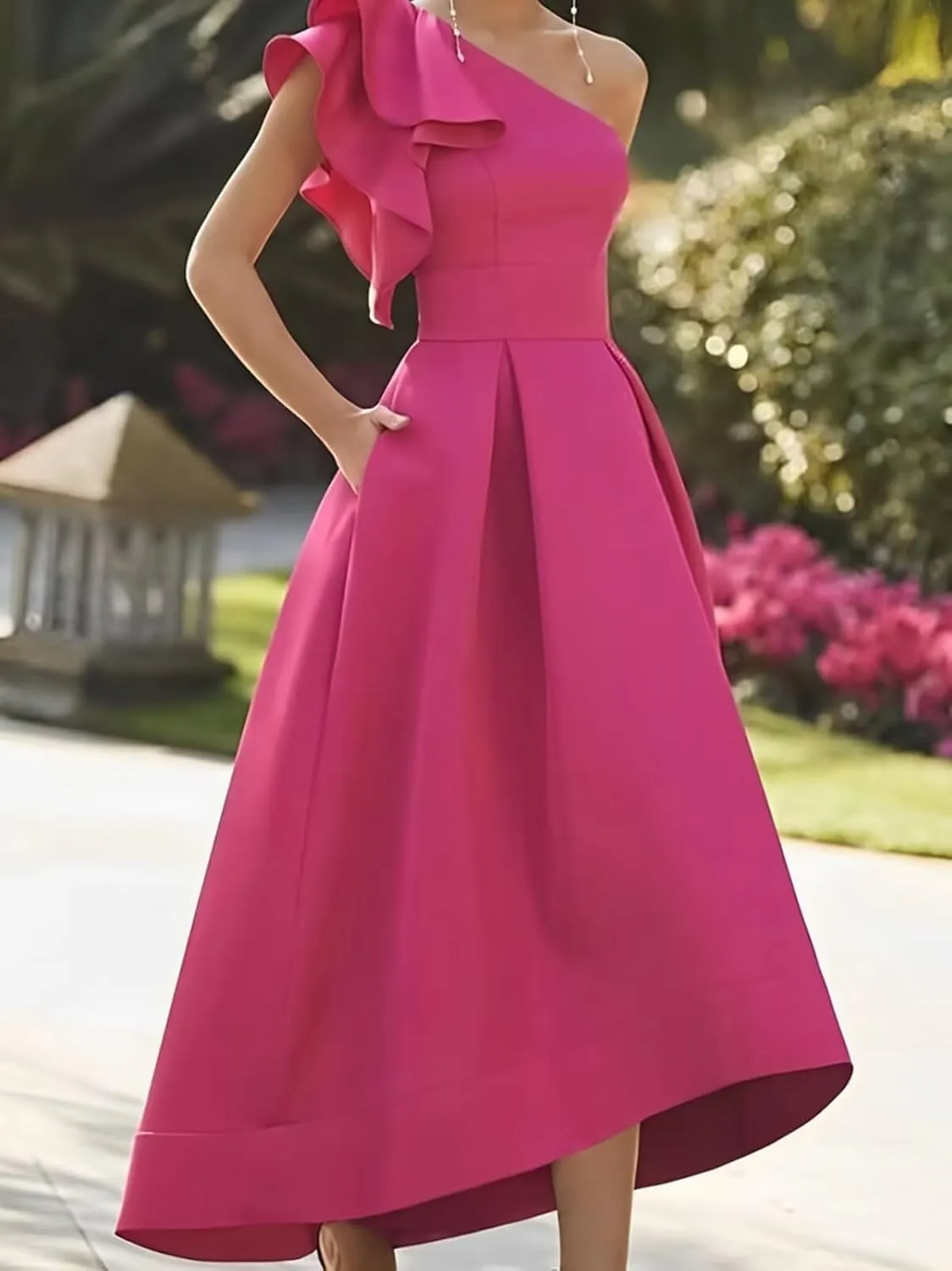 One Shoulder Satin Prom Dresses 2025 Ruffle High-Low Formal Evening Party Gowns for Women