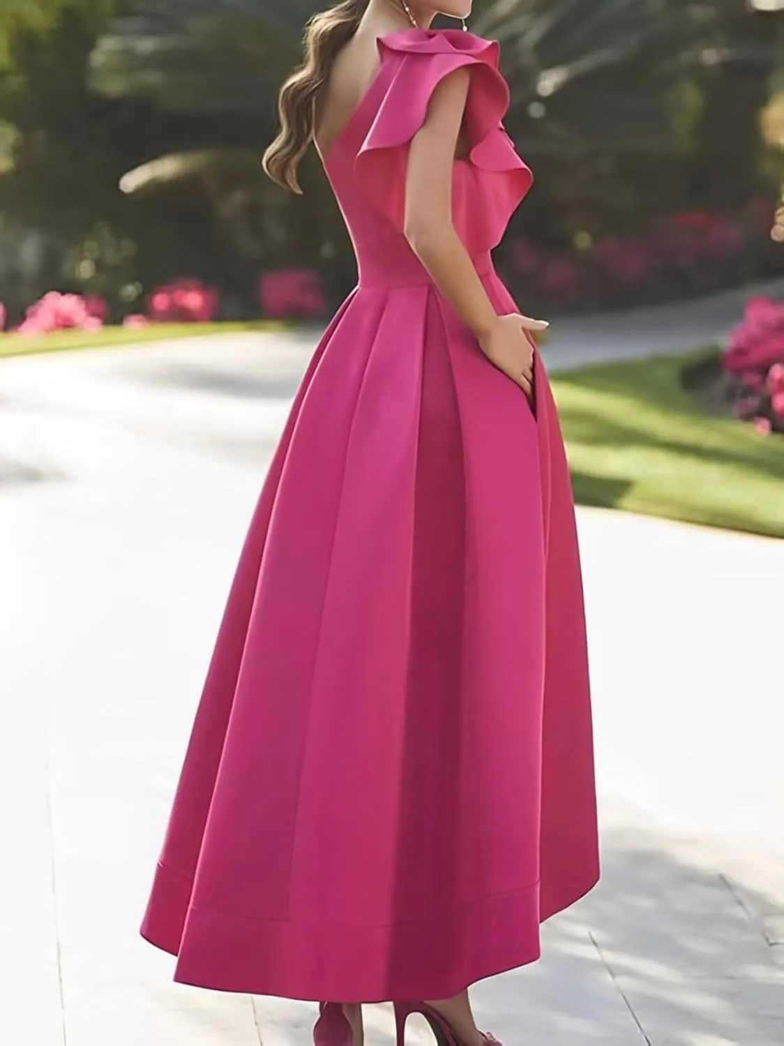 One Shoulder Satin Prom Dresses 2025 Ruffle High-Low Formal Evening Party Gowns for Women