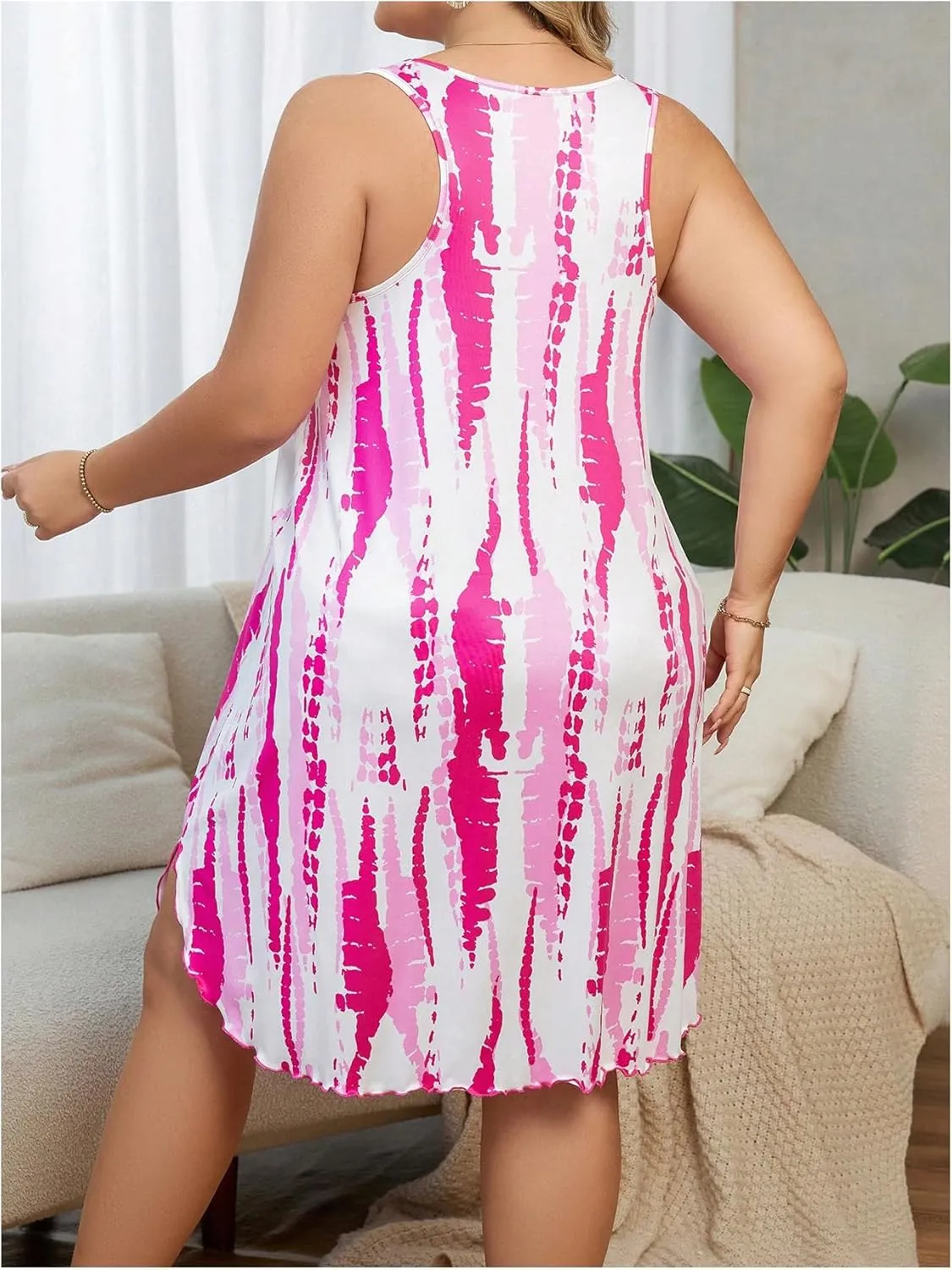 OYOANGLE Women's Plus Size Pajamas Nightgown Sleeveless Loose Fit Tunic Summer Beach Sundress