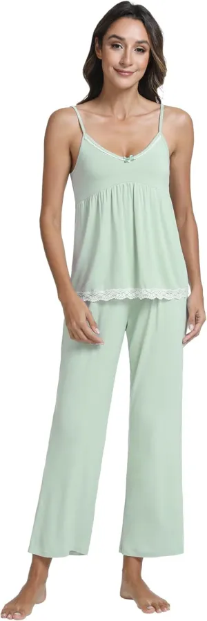 Pajamas for Women Soft Cami Top with Pants Sleeveless Pajama Sets V Neck Sleepwear Viscose from Bamboo Pjs S-XXL