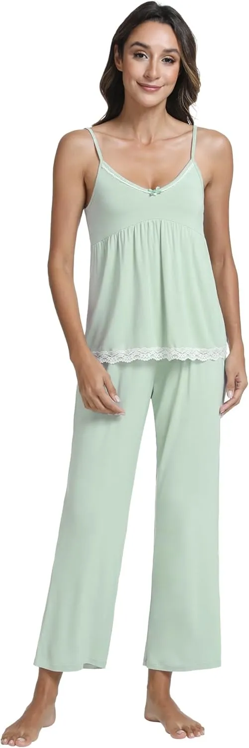 Pajamas for Women Soft Cami Top with Pants Sleeveless Pajama Sets V Neck Sleepwear Viscose from Bamboo Pjs S-XXL
