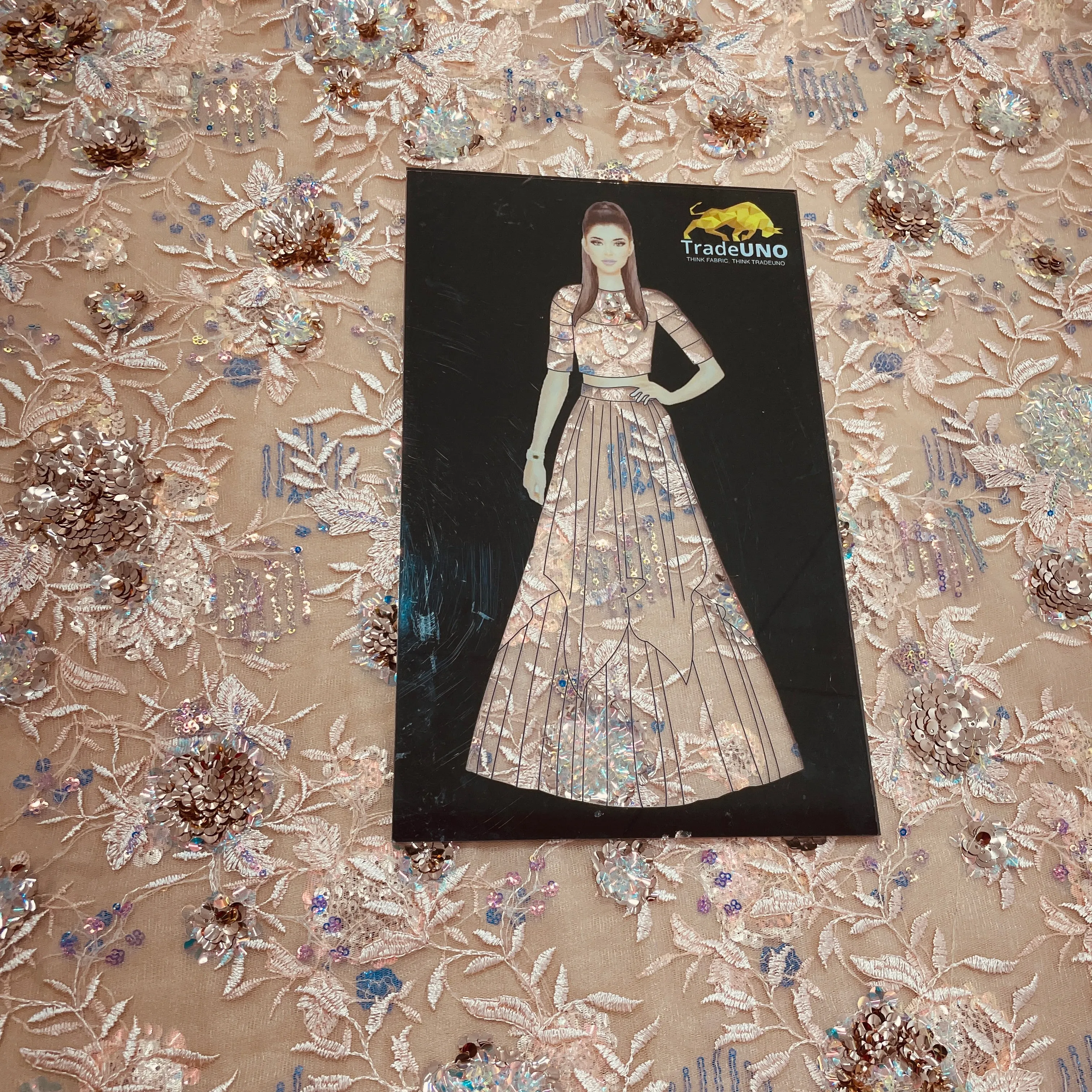 Peach Floral Embroidery Sequins Net Lycra Fabric