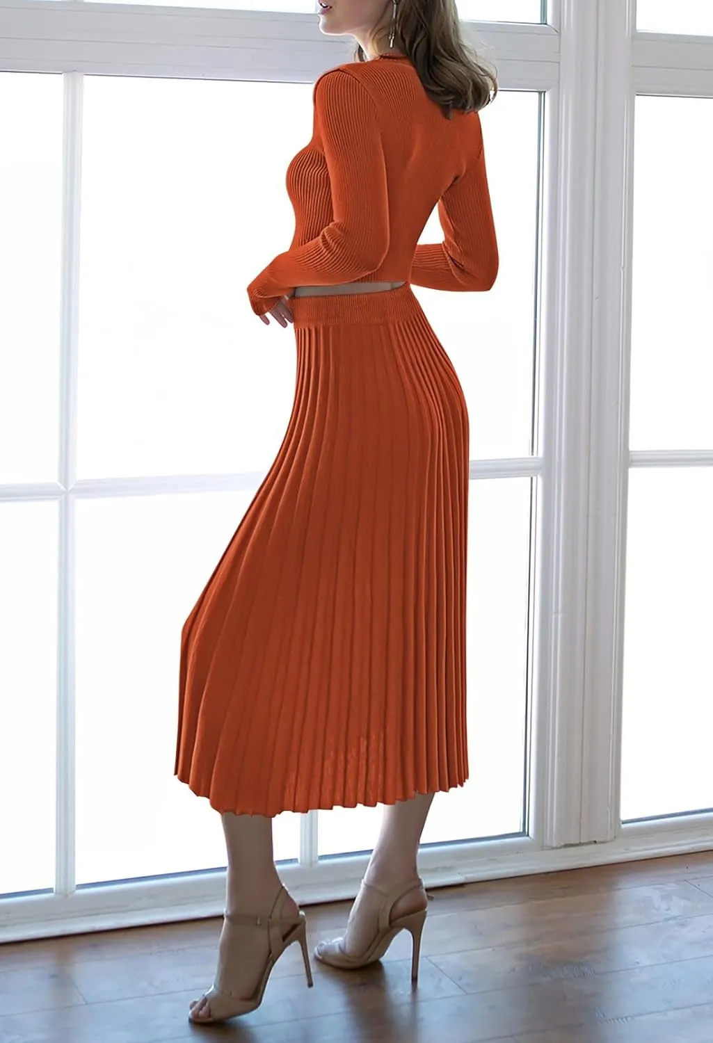 Pink Queen Women's 2 Piece Sweater Outfits Set Long Sleeve Crop Top Ribbed Split Bodycon Midi Long Skirt Knit Dresses