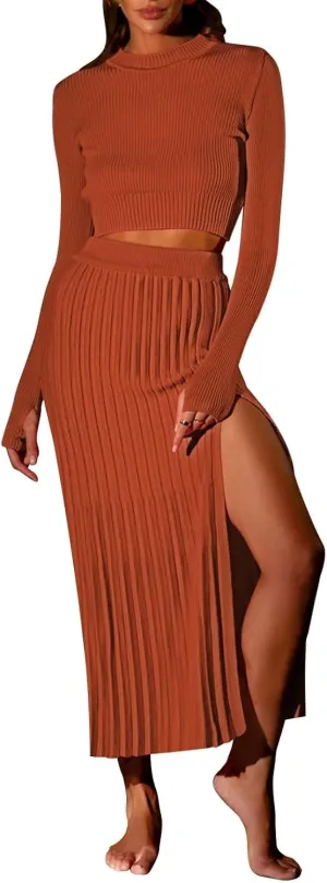 Pink Queen Women's 2 Piece Sweater Outfits Set Long Sleeve Crop Top Ribbed Split Bodycon Midi Long Skirt Knit Dresses