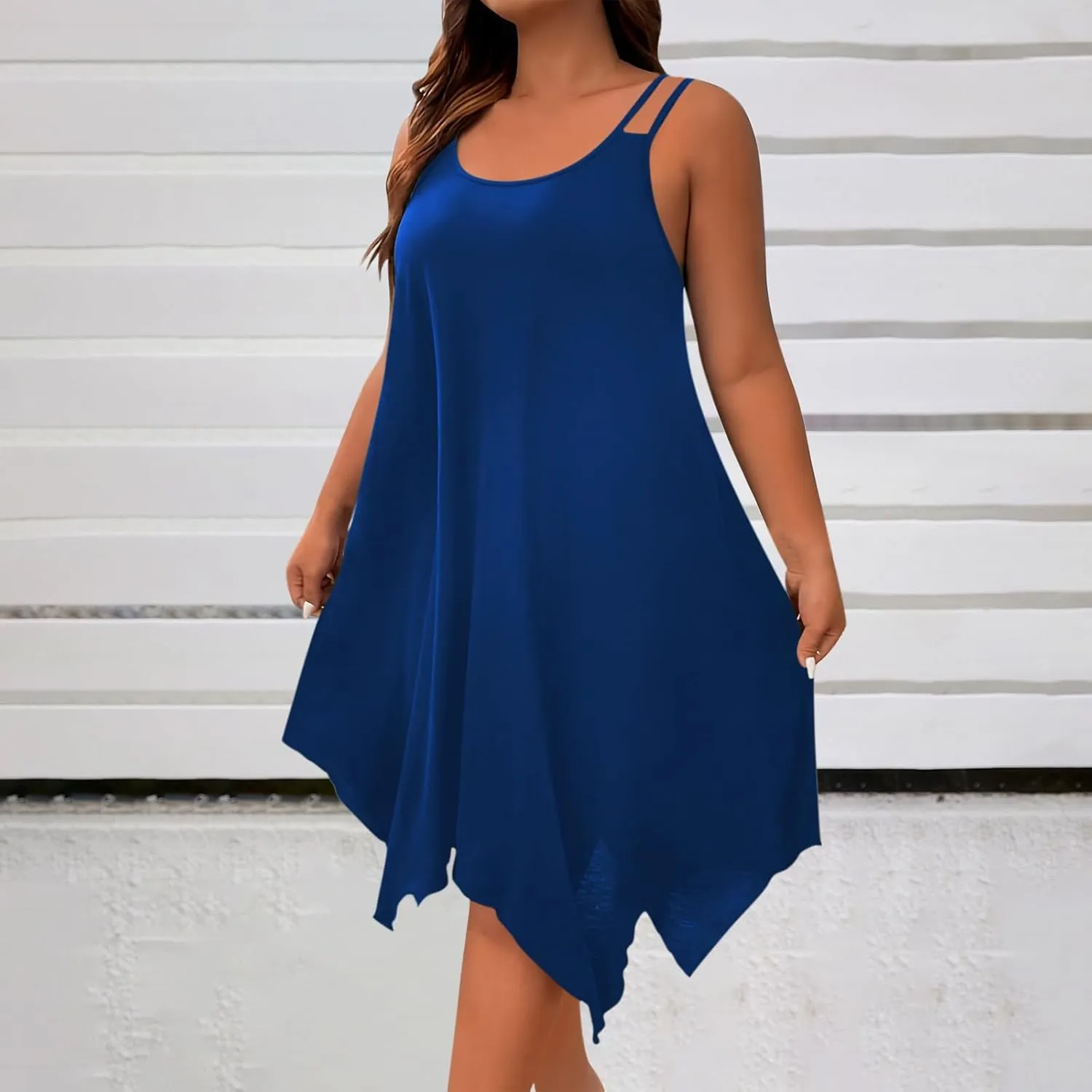Plus Size Dresses for Curvy Women Summer Scoop Neck Sleeveless Asymmetrical Hem Sundress Flowy Midi Cami Dress