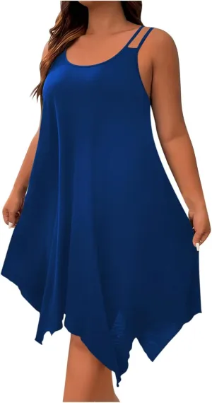 Plus Size Dresses for Curvy Women Summer Scoop Neck Sleeveless Asymmetrical Hem Sundress Flowy Midi Cami Dress