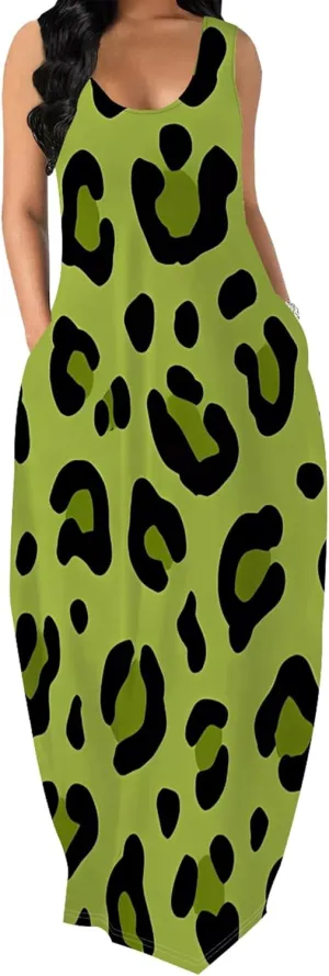 Plus Size Maxi Dresses for Women 2024 Summer Leopard Print Long Dress with Pockets Long Beach Sun Dresses