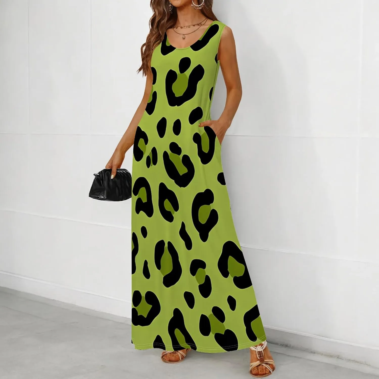 Plus Size Maxi Dresses for Women 2024 Summer Leopard Print Long Dress with Pockets Long Beach Sun Dresses