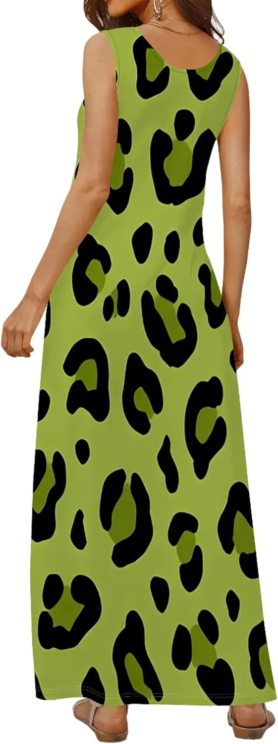 Plus Size Maxi Dresses for Women 2024 Summer Leopard Print Long Dress with Pockets Long Beach Sun Dresses