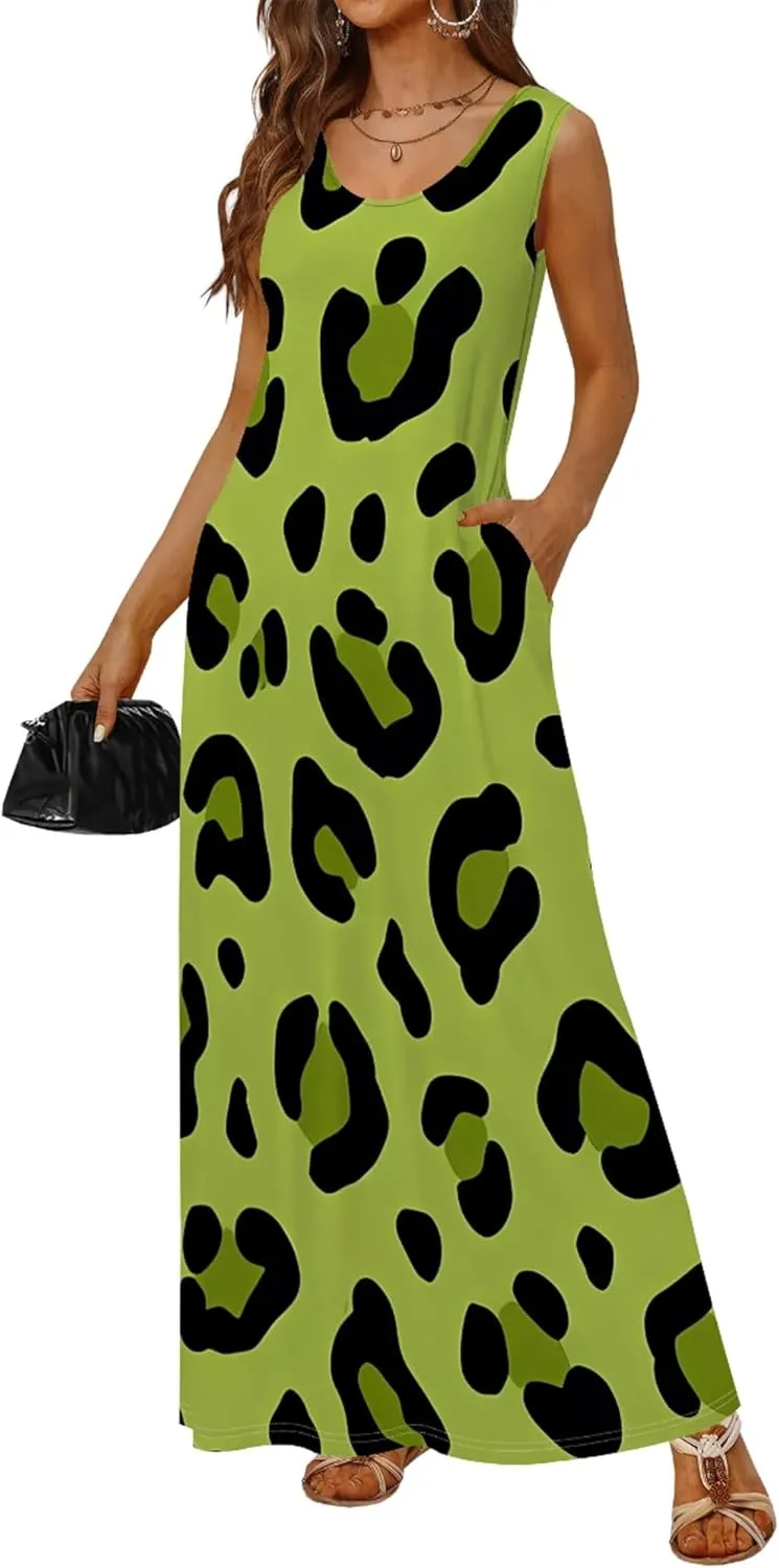 Plus Size Maxi Dresses for Women 2024 Summer Leopard Print Long Dress with Pockets Long Beach Sun Dresses
