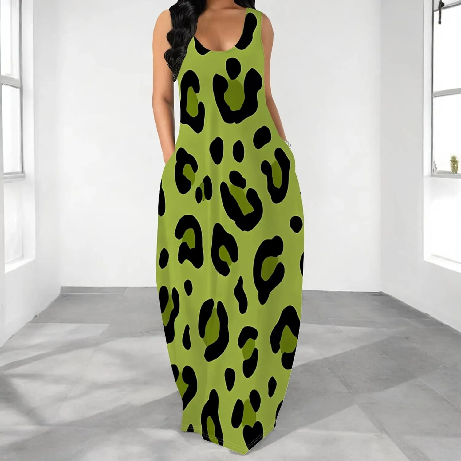Plus Size Maxi Dresses for Women 2024 Summer Leopard Print Long Dress with Pockets Long Beach Sun Dresses