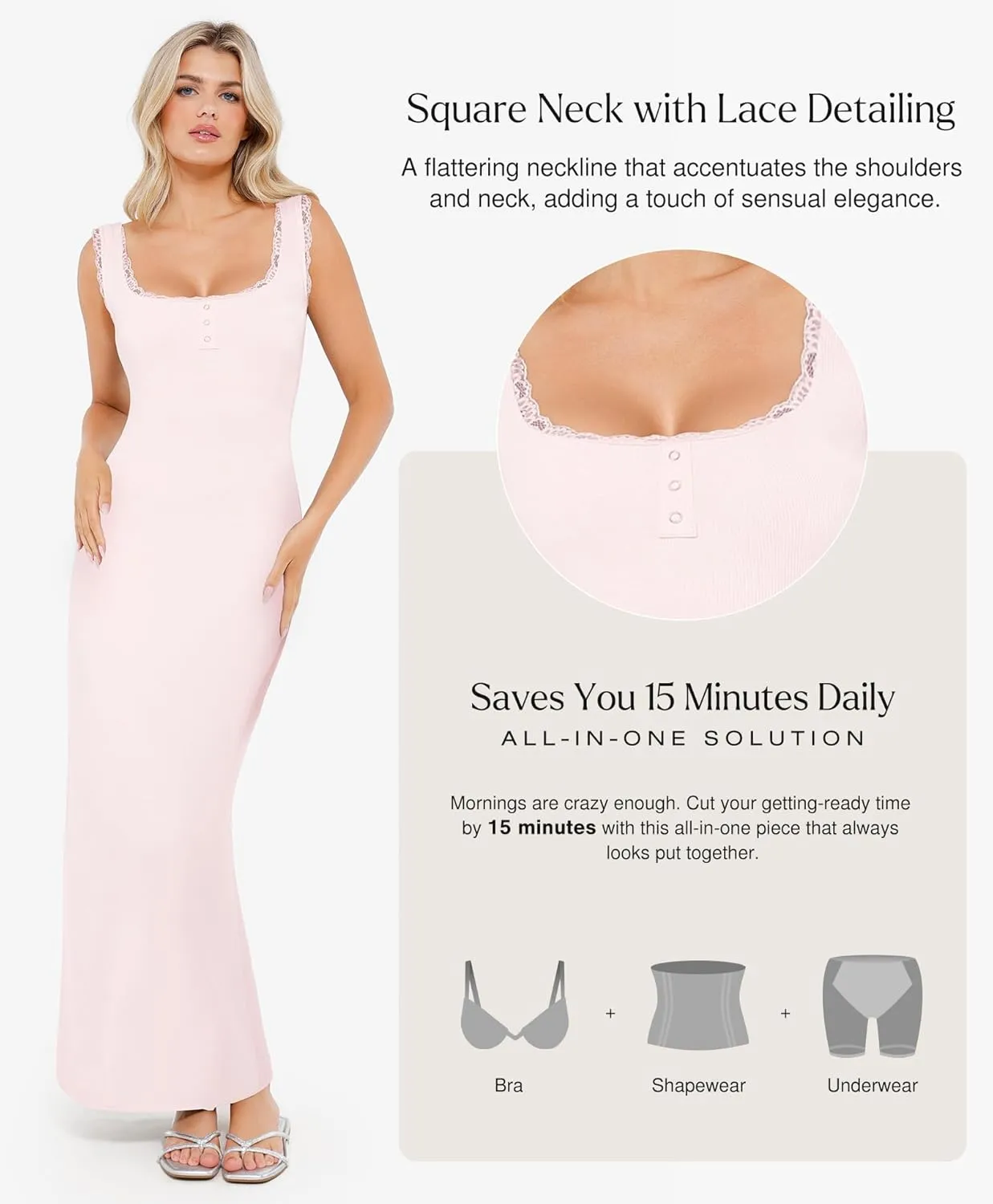 Popilush Shapewear Tank Dress Summer Maxi Dress Built-in Bra Square Neck Lace Trim Going Out Vacation Dresses for Women
