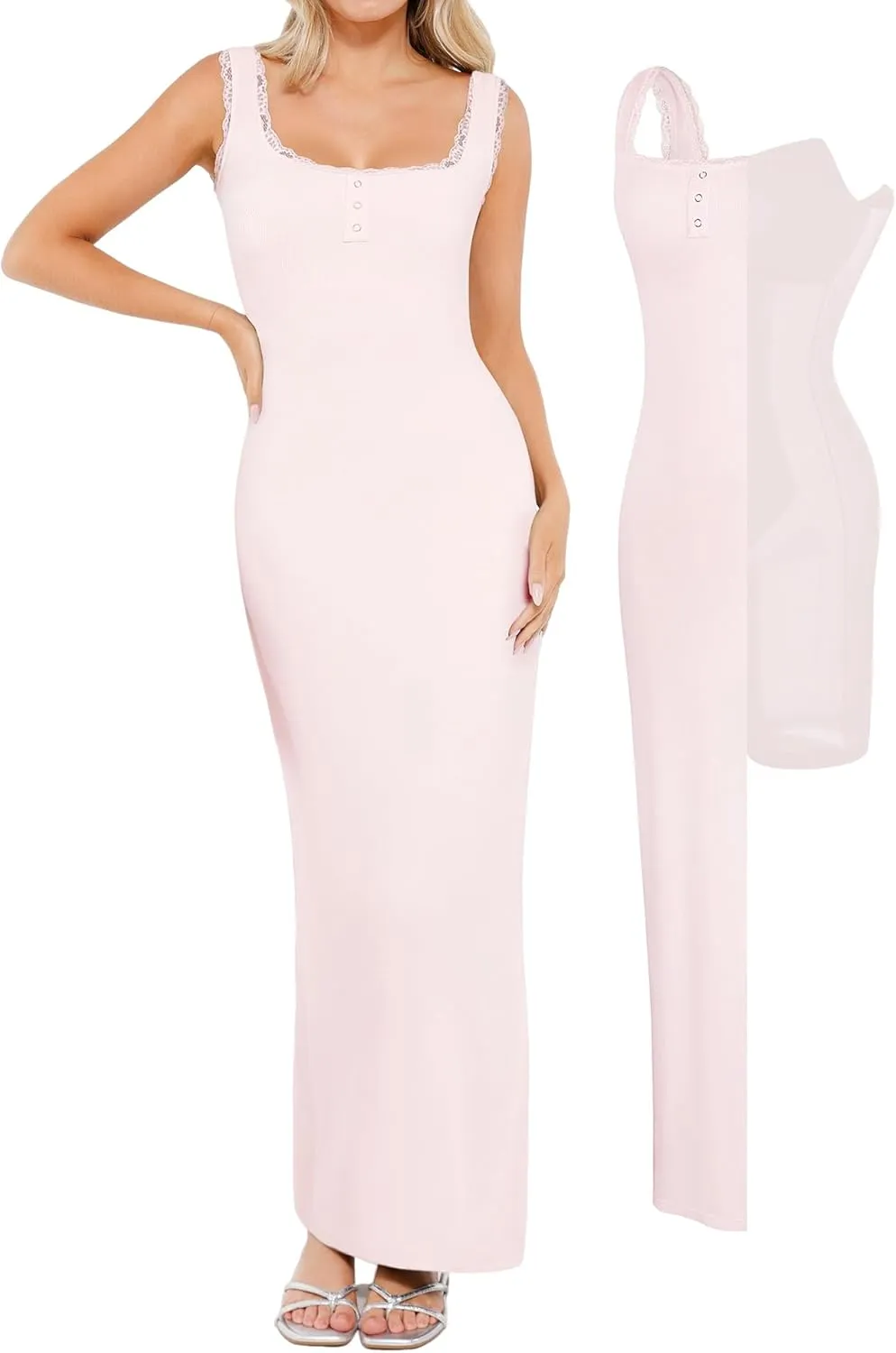 Popilush Shapewear Tank Dress Summer Maxi Dress Built-in Bra Square Neck Lace Trim Going Out Vacation Dresses for Women