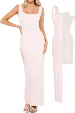 Popilush Shapewear Tank Dress Summer Maxi Dress Built-in Bra Square Neck Lace Trim Going Out Vacation Dresses for Women