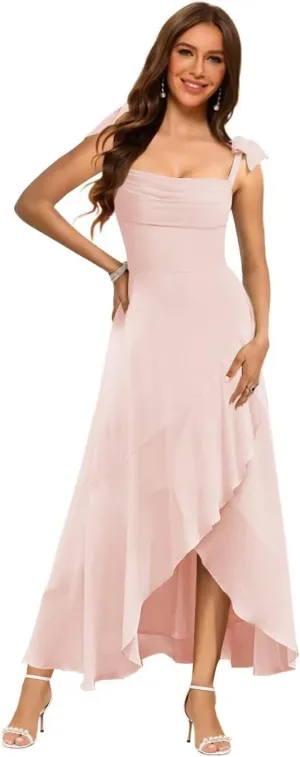 Raseal Chiffon High Low Bridesmaid Dress Square Neck Long A Line Prom Dress for Women RS170