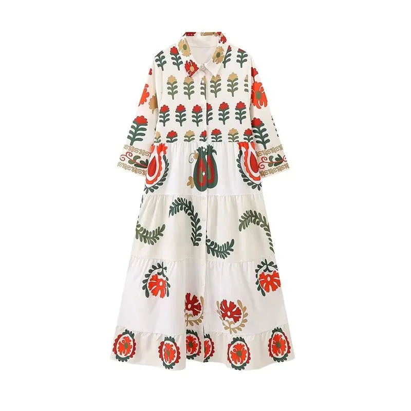 Robin - Botanical Print Ruffled Maxi Dress