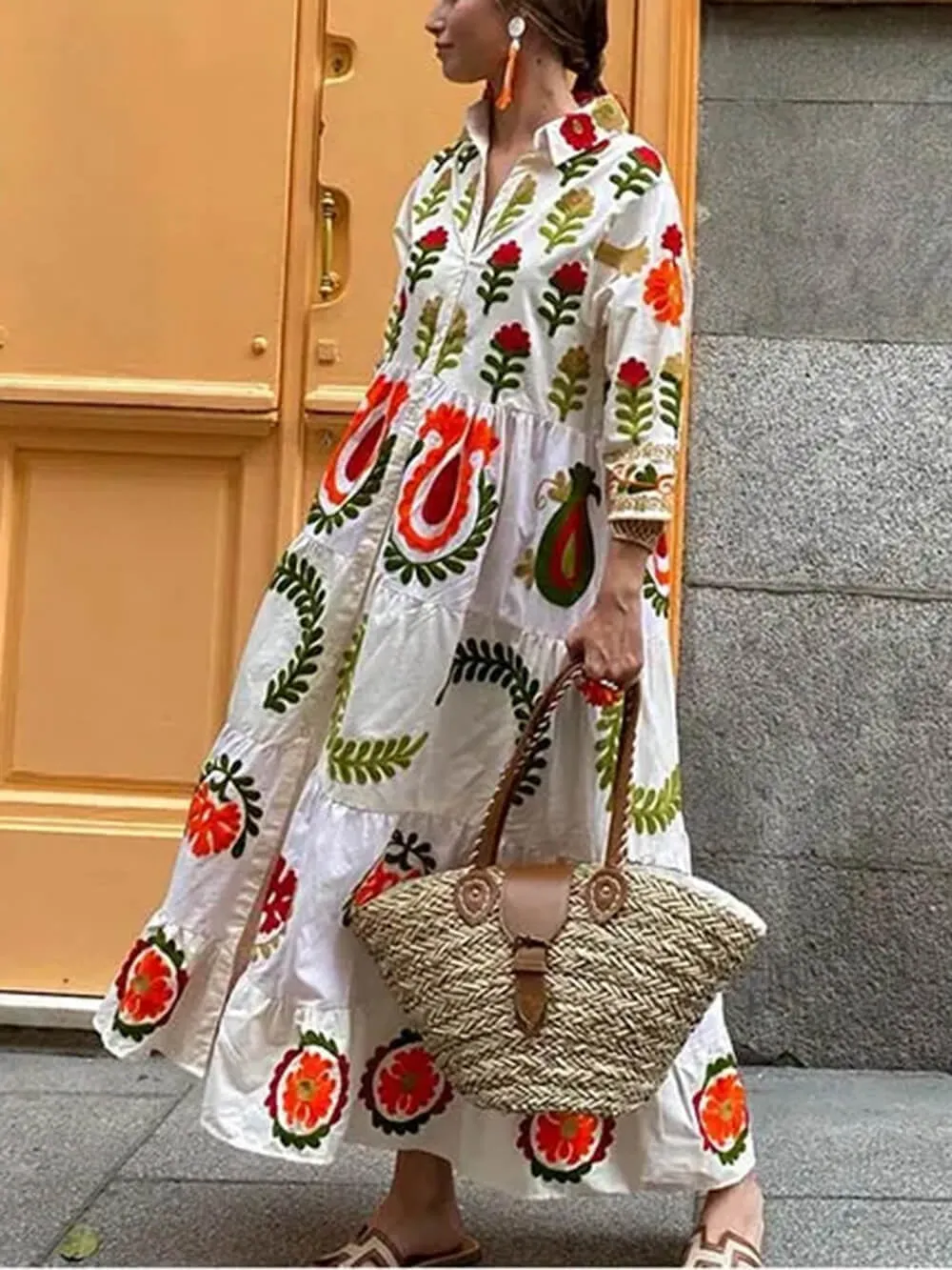 Robin - Botanical Print Ruffled Maxi Dress