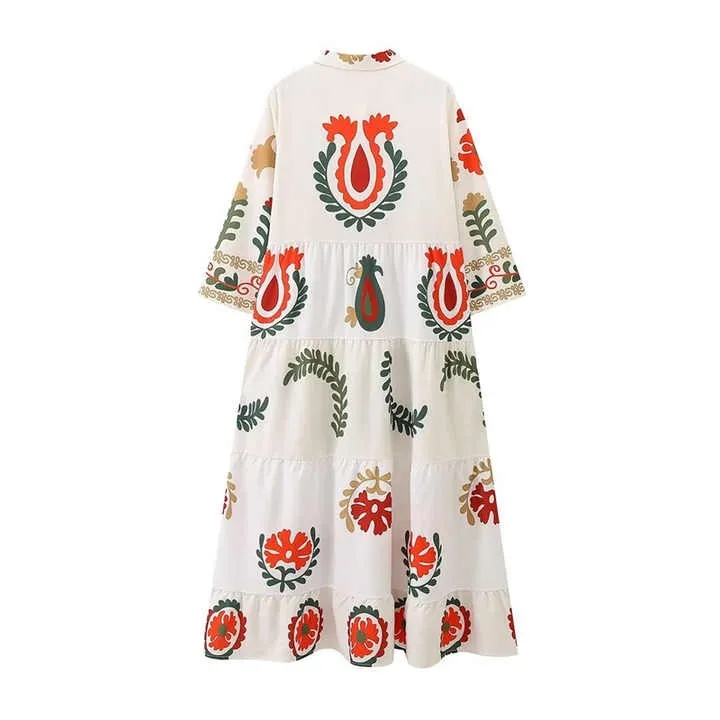 Robin - Botanical Print Ruffled Maxi Dress