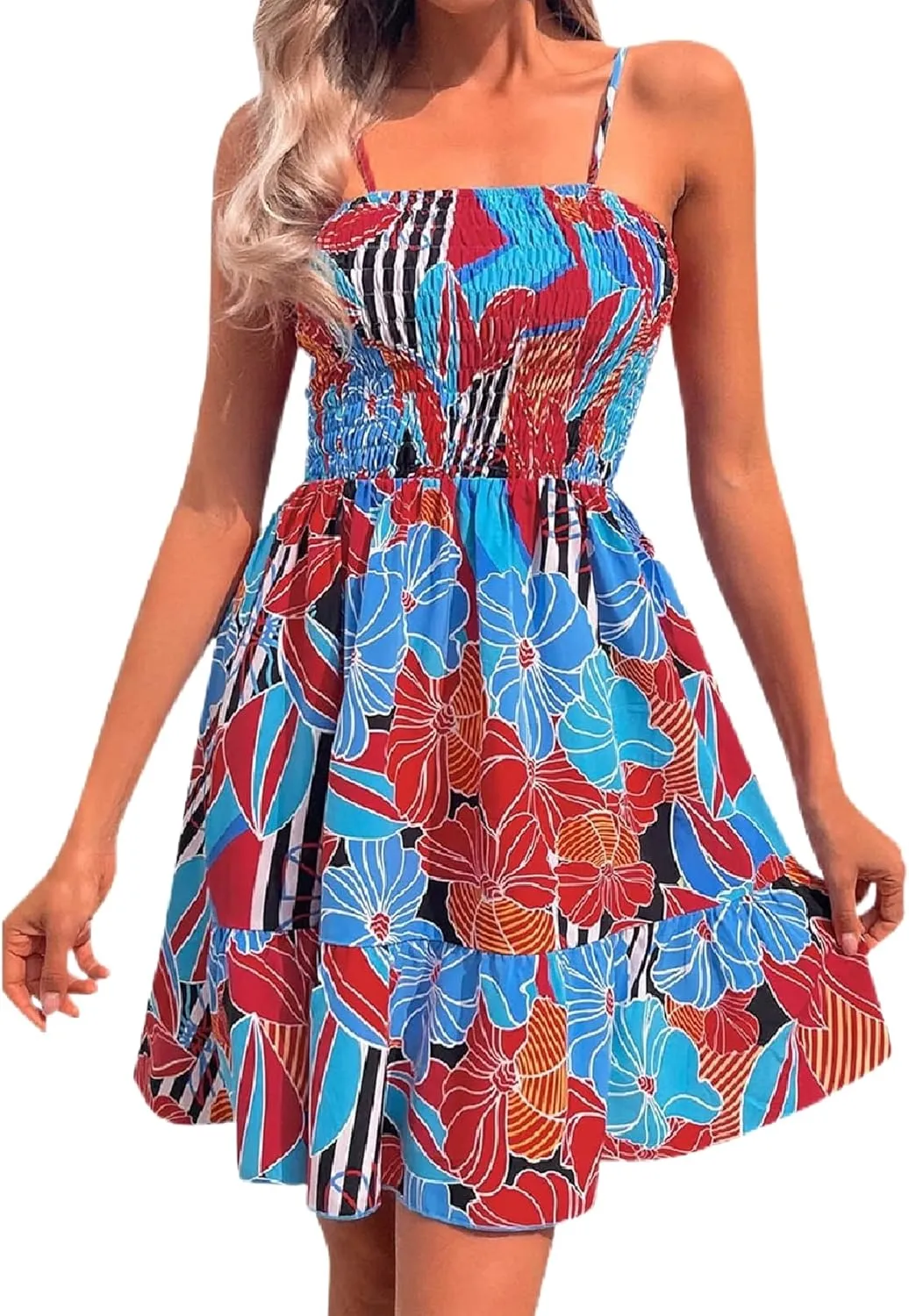 Roll Up Women's Summer Boho Casual Party Sleeveless Short Dresses Shirred Ruffle Floral Print Black Blue Red Pink Mini Dress