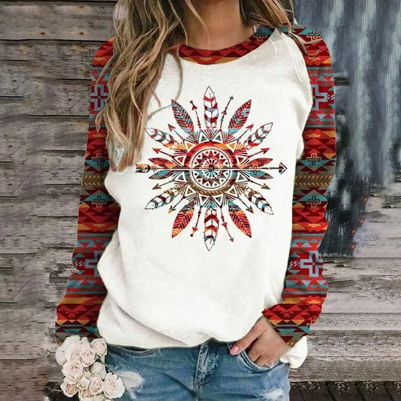 Round Neckline Vintage Print Geometry Hoodie