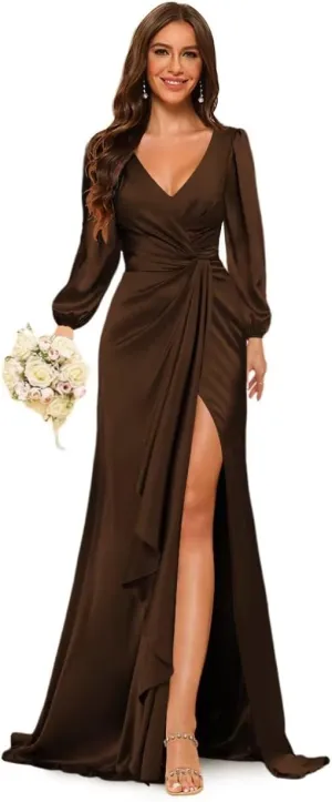 Satin Long Bridesmaid Dresses with Silt for Wedding Long Sleeve Formal Gowns Evening Dress PU201