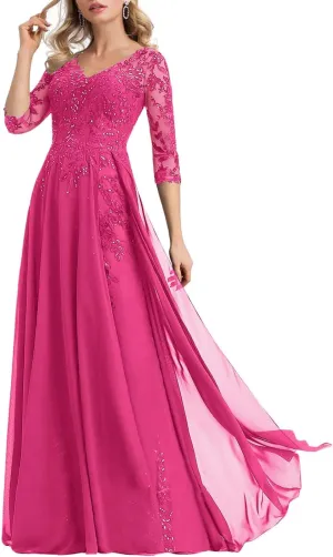 Sequins Lace Mother of The Bride Dresses for Wedding V Neck Pleated Long Chiffon Formal Dress with Applique