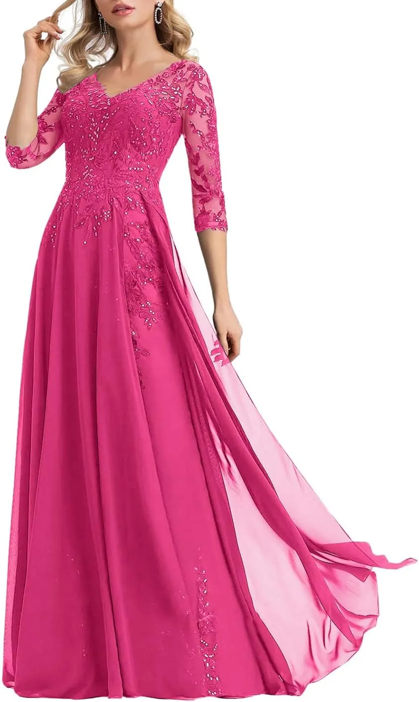 Sequins Lace Mother of The Bride Dresses for Wedding V Neck Pleated Long Chiffon Formal Dress with Applique