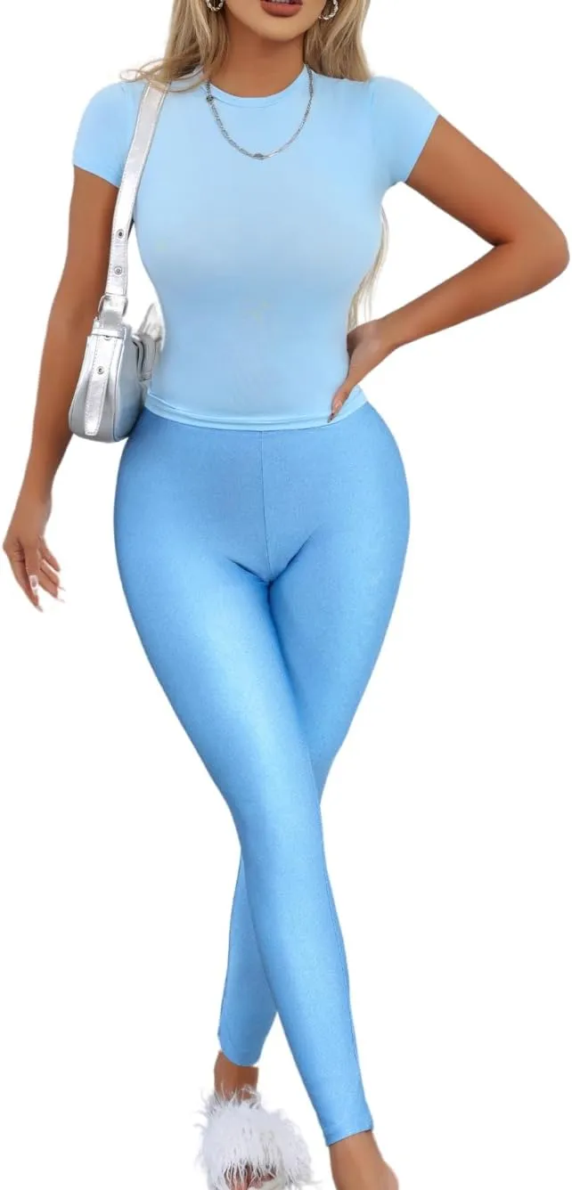 Sexy 2 Piece Pants Set For Women,2000S Crop Top And Shiny Leggings,Slimming Going Out Outfits Date Night Club
